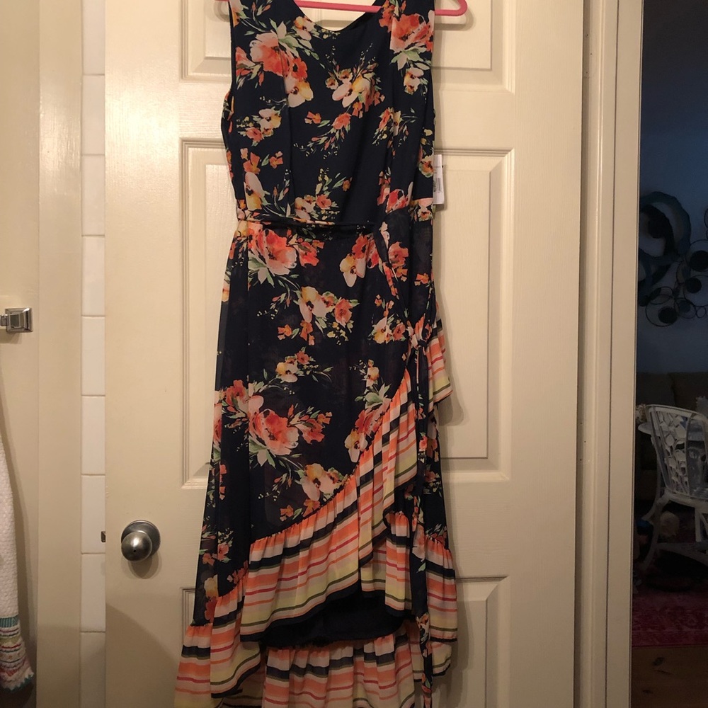 Navy Floral and striped ruffle hem dress